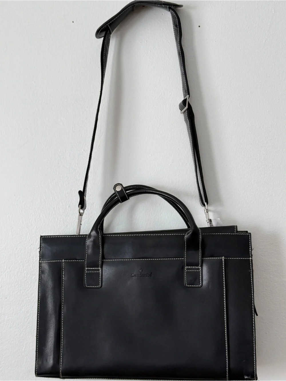 Samsonite Black Leather Laptop Briefcase with Contrast Stitching